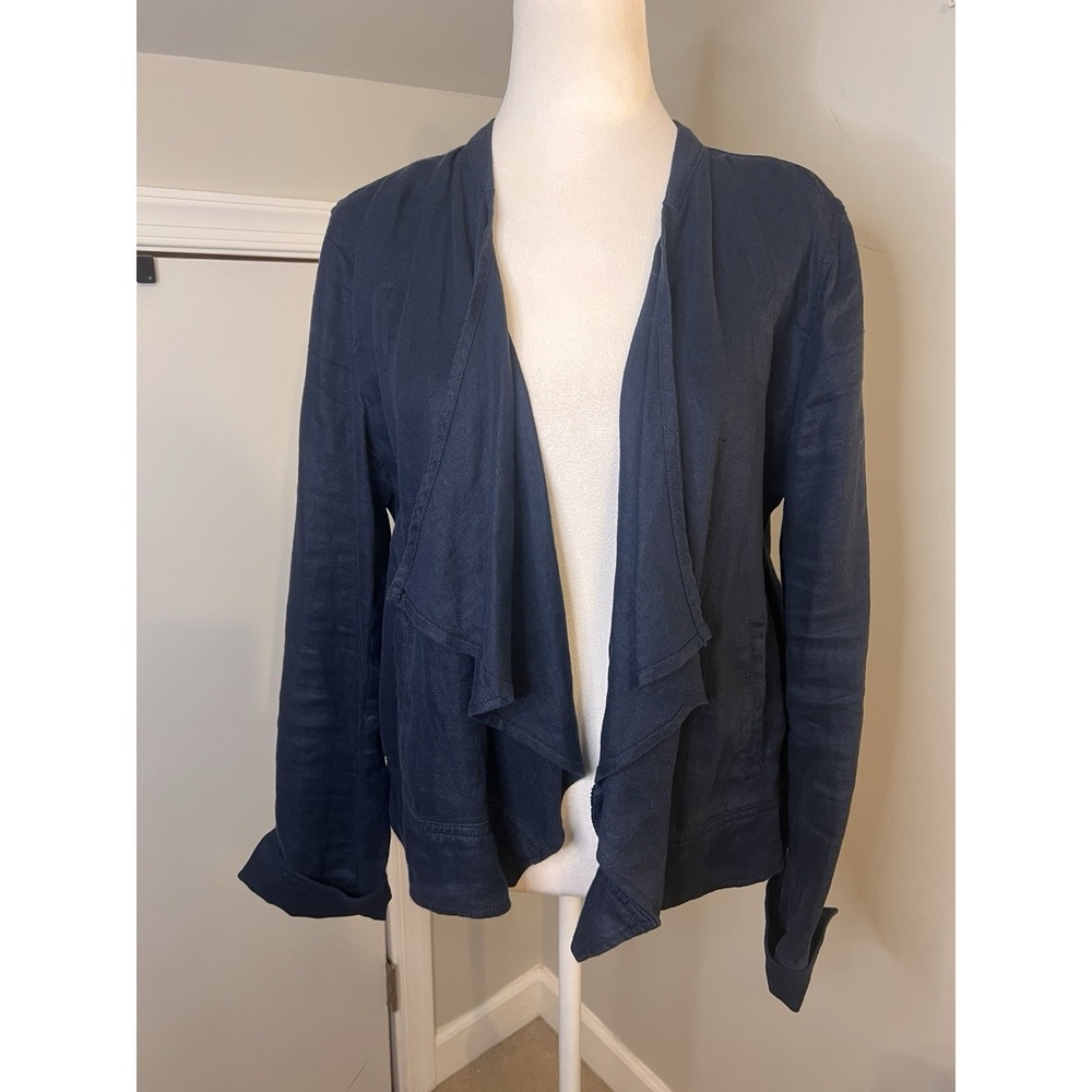 LOU GREY Women's 100% Linen Open Front Jacket Navy Blue Drape Size M